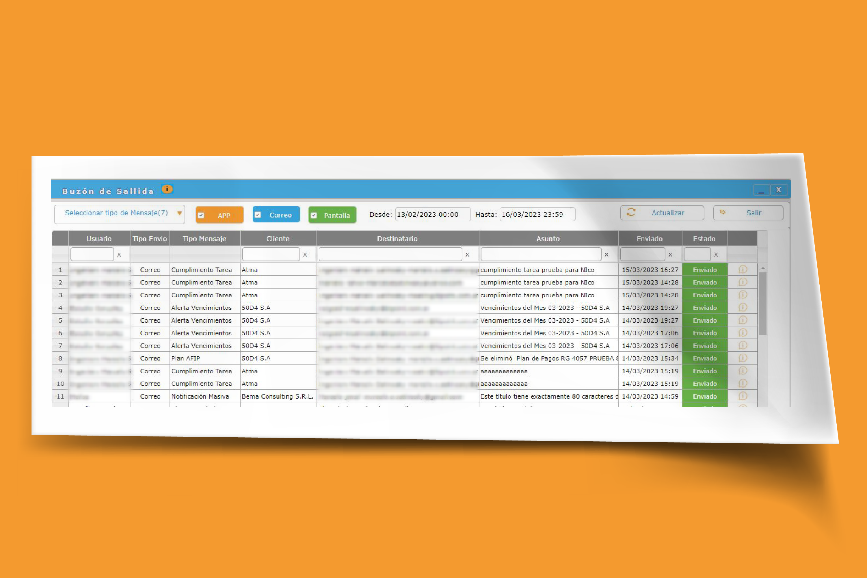 Excel mostrando el reporte de productividad.