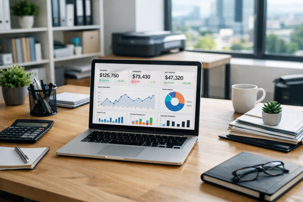 Oficina contable moderna en Latinoamérica, escritorio ordenado con laptop mostrando dashboard financiero claro y ordenado gracias a los 7 pasos para implementar IA