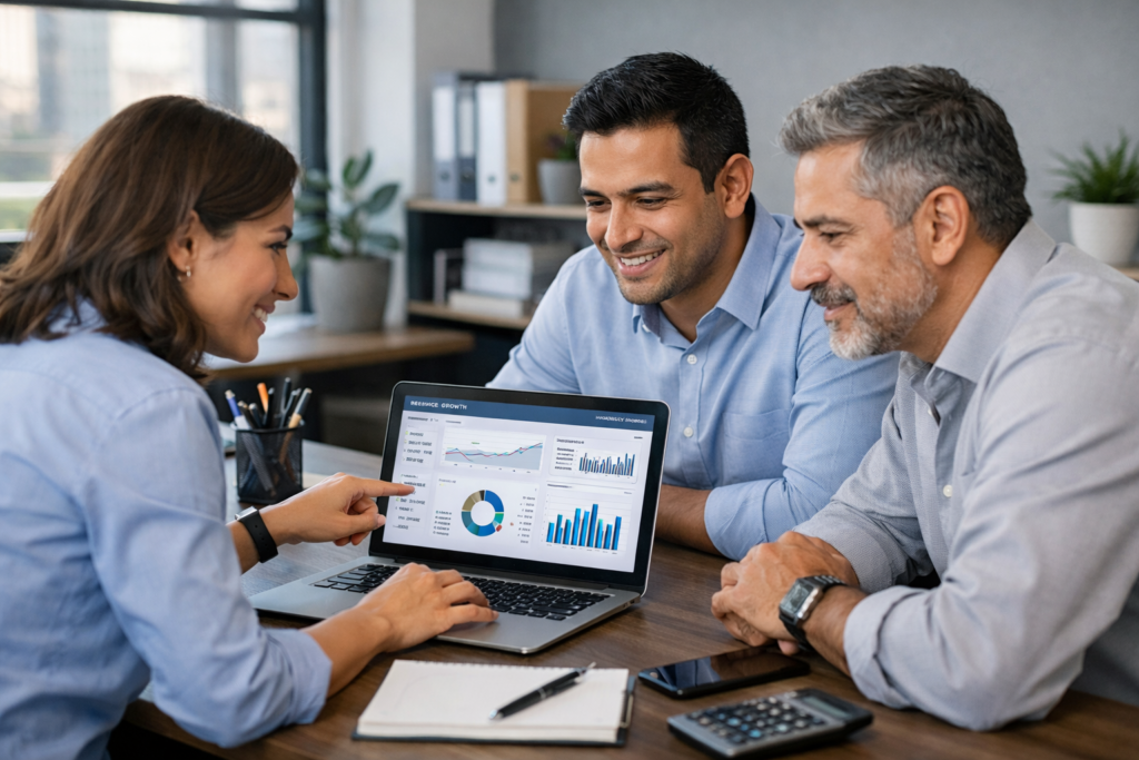 Equipo contable revisando dashboard financiero y organizando roles para implementar inteligencia artificial en el estudio.