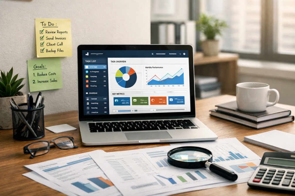 Escritorio contable con checklist y dashboard, representando la implementación de IA en despachos contables y las condiciones necesarias para que funcione.