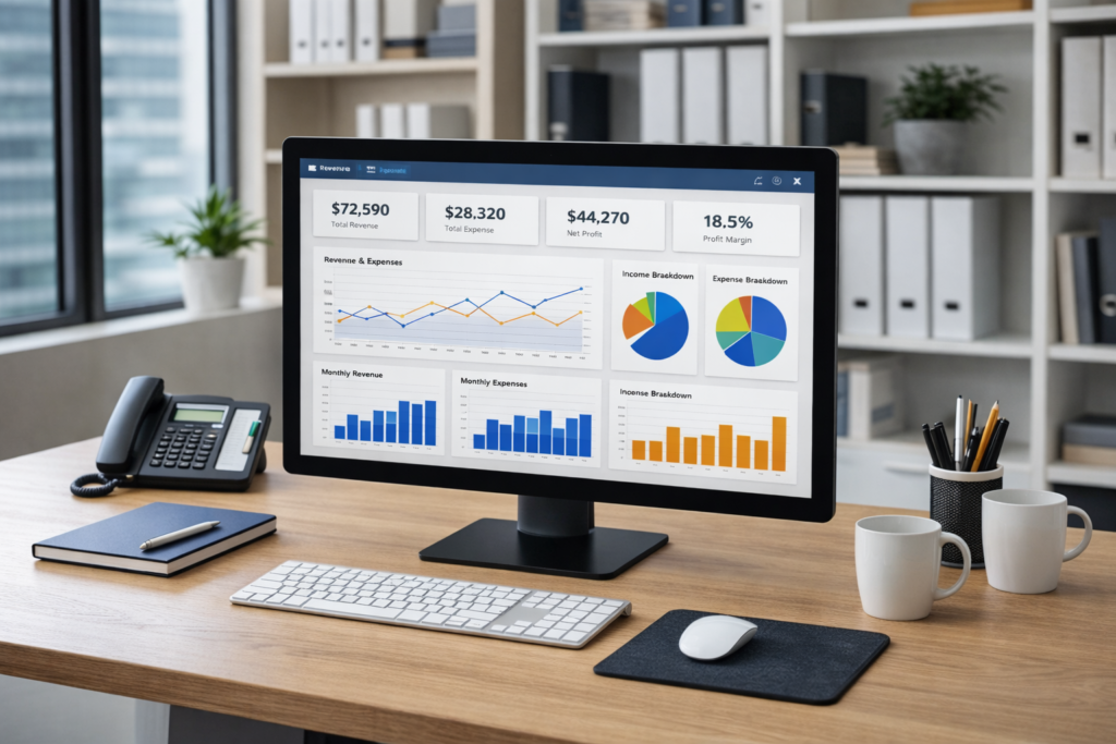 Oficina contable con dashboard en pantalla representando los desafíos de implementar IA en contabilidad y la organización necesaria para gestionarlos estratégicamente.