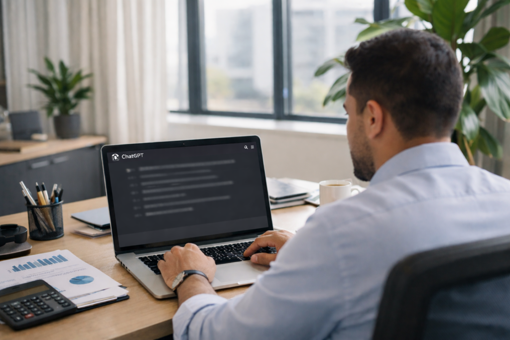 Persona sentada en escritorio en estudio contable investigando know how para implementar IA en contabilidad con orden y control.