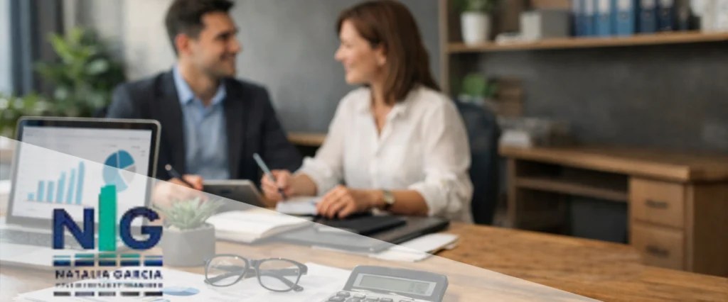 Asesora conversando con cliente sobre la organización de tareas de estudio contable representando a NG Estudio Contable y Financiero.