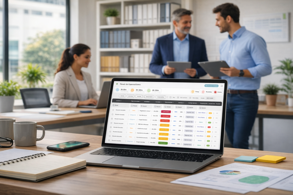 Qué es Plan In: equipo contable trabajando con dashboard de gestión