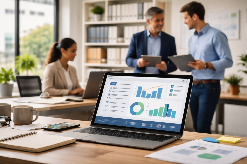 Qué es Plan In: equipo contable trabajando con dashboard de gestión