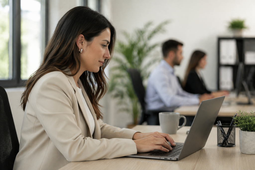 Profesional contable trabajando con agenda de vencimientos automatizada en oficina