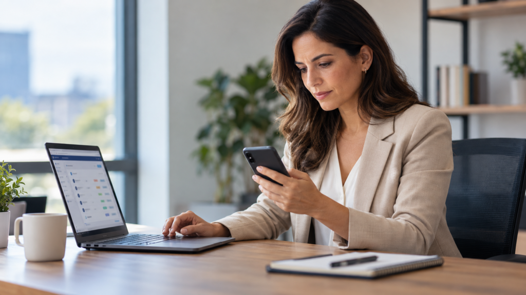 Mujer profesional revisando en su celular el seguimiento de un cliente que no entrega la documentación, mientras trabaja con herramientas digitales en su computadora.